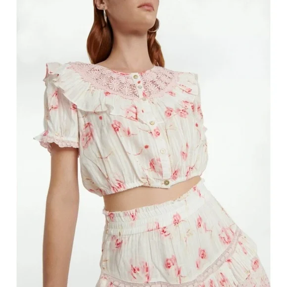 LoveShackFancy Pink Floral Crop Top - Picture 1 of 13